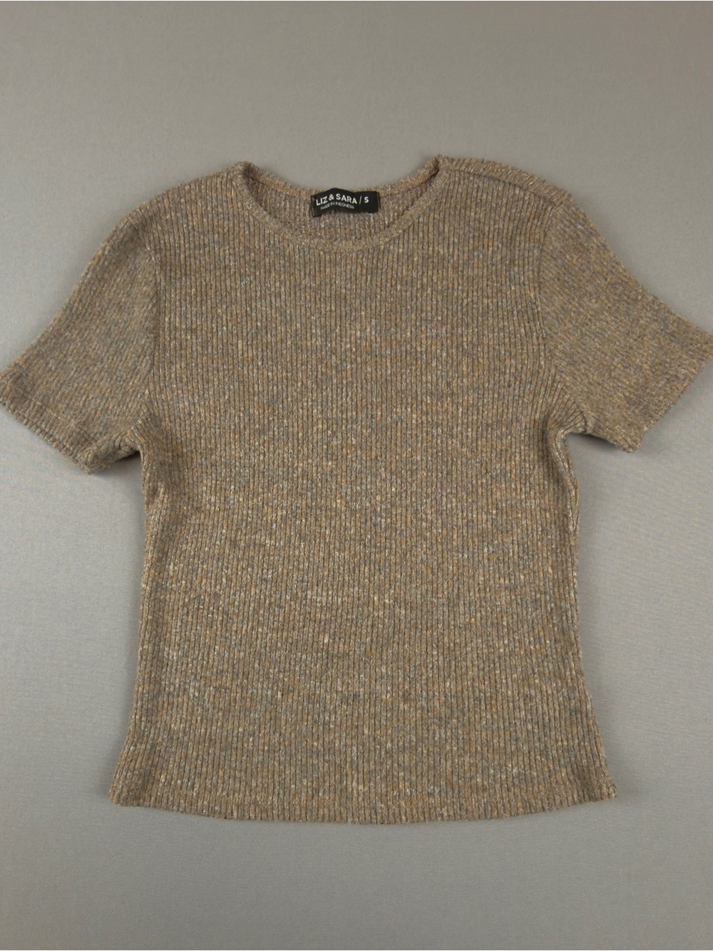 Liz & Sara Tan Ribbed Short-Sleeve Crewneck Top